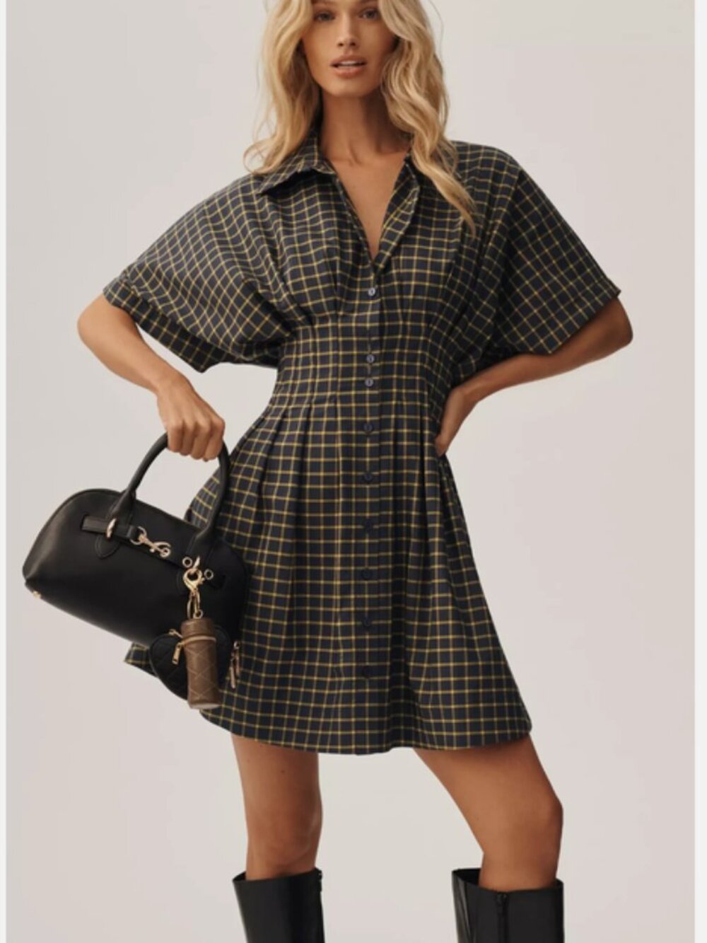 Anthropologie Tobie Mini Shirtdress by Exquise Navy Plaid MP NWT M Medium Petite